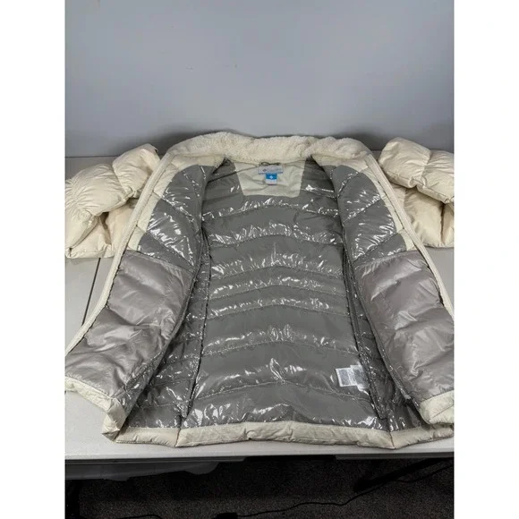 Columbia White‎ Autumn Park Down Jacket Large Omni-Heat Mink-Fleece Collar $130